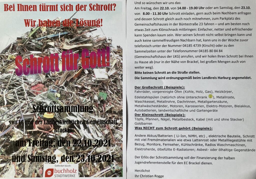 Schrott für Gott am 22.10. und 23.10.2021 in Brackel
